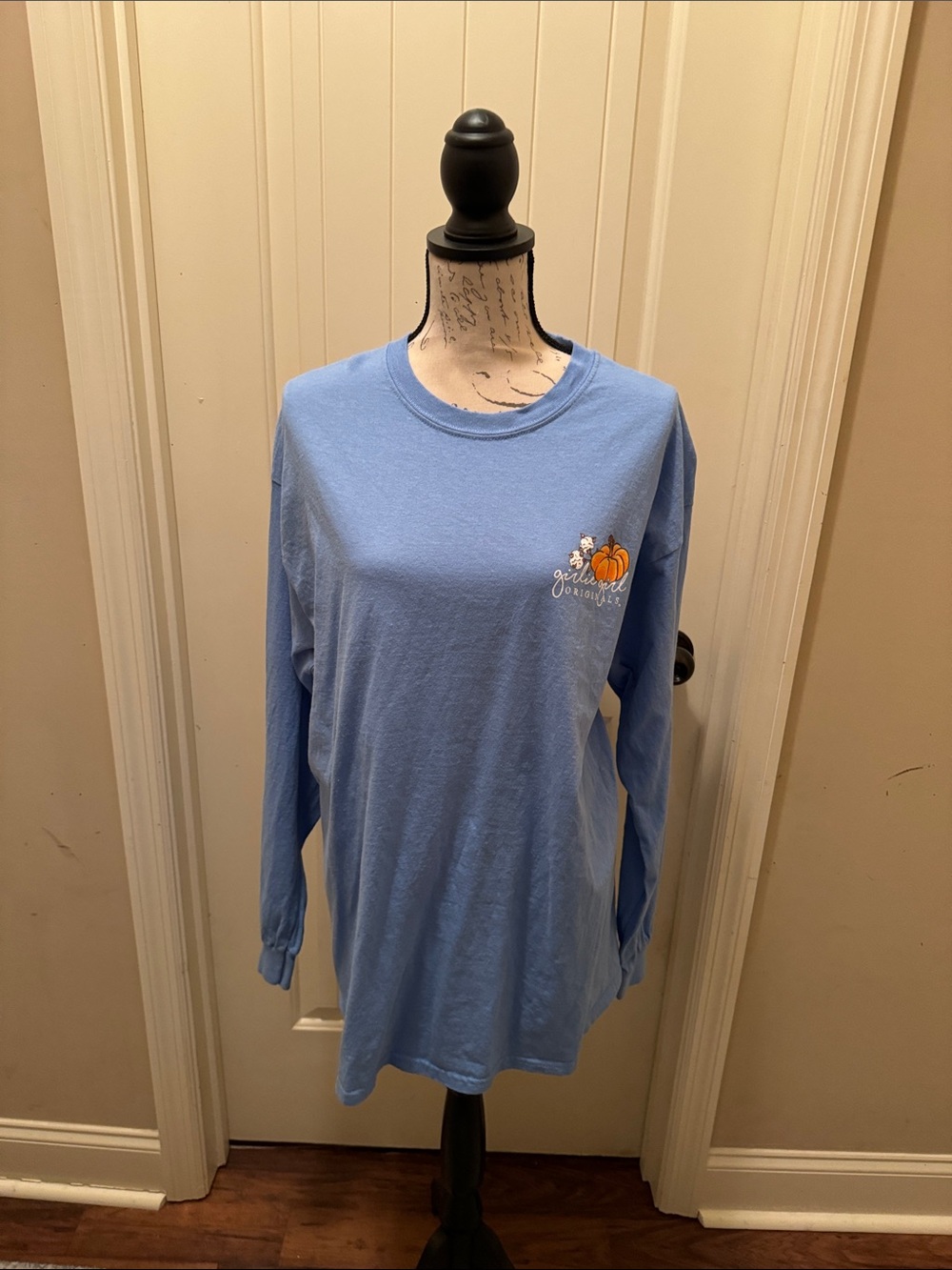 Light Blue Long Sleeve Tee with Pumpkin Graphic